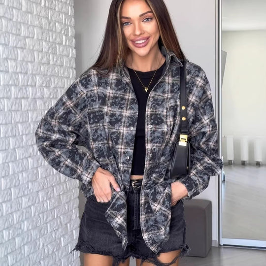Damen Oversized Karierte Shacket-Hemdjacke mit Druckknopfverschluss und abgerundetem Saum Shop Nory