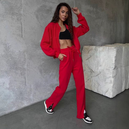 Damen weiches Velours-Zweiteiler mit kurzem Reißverschluss-Bomber und High-Waist-Hose mit Bein-Schlitz Shop Nory