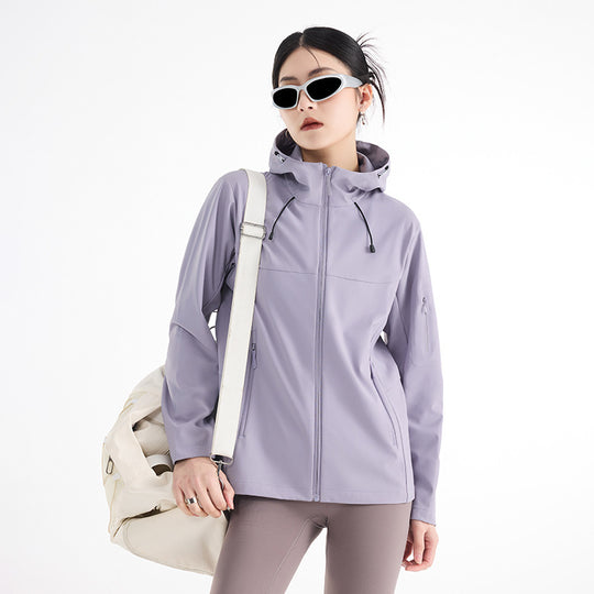 Damen Atmungsaktive Softshell-Regenjacke mit Kapuze, winddicht und minimalistischer Tech-Optik Shop Nory
