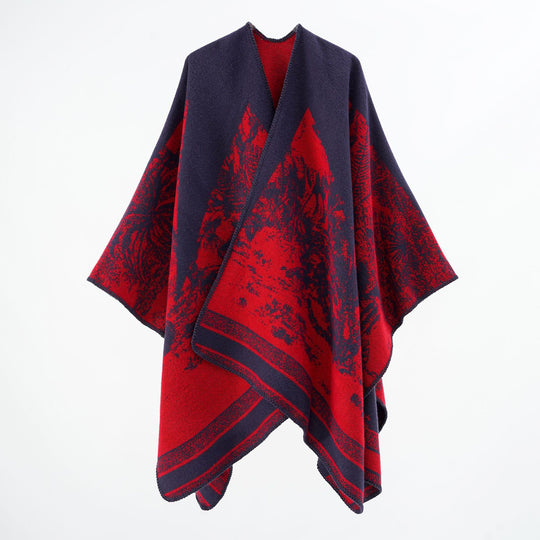 Damen Capeponcho aus Wollmix mit zweifarbiger Jacquardstruktur und Zierstichrand Shop Nory