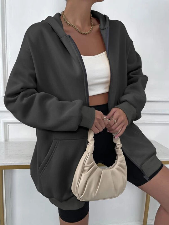 Damen nan oversized Zip-Hoodie mit verlängertem Saum weichem Fleece-Innenfutter und Kängurutaschen Shop Nory