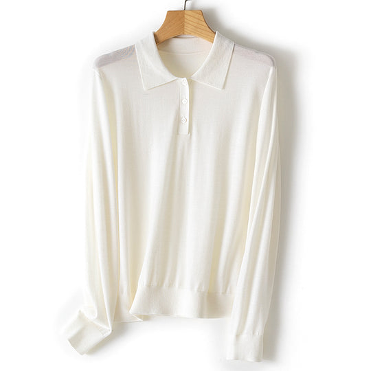 Damen Feiner Langarm-Polo-Pullover aus Feinstrick mit Knopfleiste Shop Nory