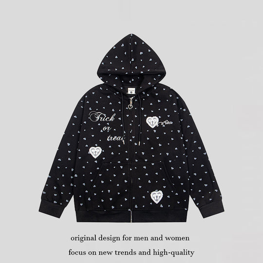 Damen Kapuzen-Sweatjacke mit durchgehendem Reißverschluss, Allover-Herzprint und Statement-Stickerei Shop Nory