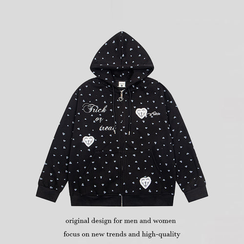 Damen Kapuzen-Sweatjacke mit durchgehendem Reißverschluss, Allover-Herzprint und Statement-Stickerei Shop Nory