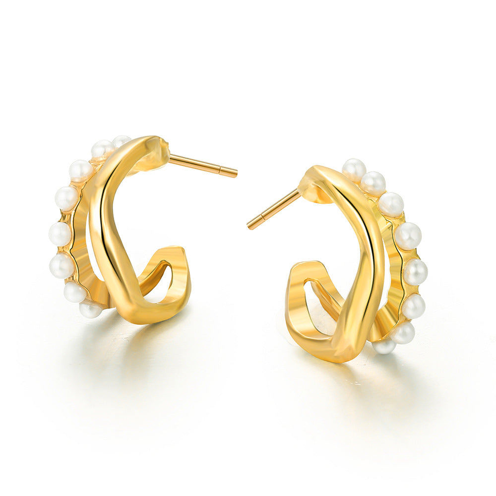 Damen-Ohrstecker mit elegantem Perlen-Design und geschwungenem Metallrahmen Shop Nory