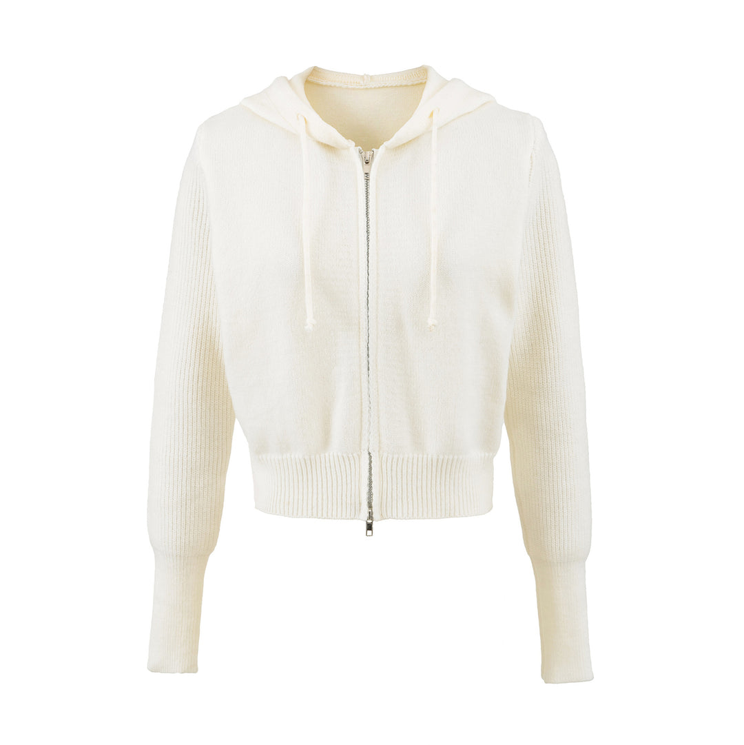Damen Kurze Kapuzen-Strickjacke mit Reißverschluss und tailliertem Rippenbund Shop Nory