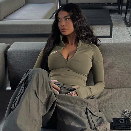 Damen figurbetontes Longsleeve Shirt mit Stehkragen und Reißverschluss