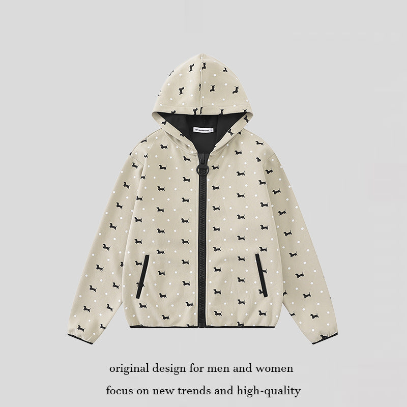 Damen Leichte Kapuzen-Zipjacke mit Hundesilhouette und Tupfen-Allover Shop Nory