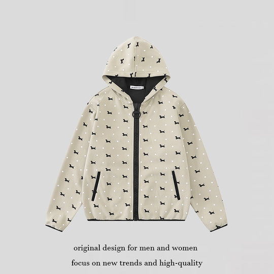 Damen Leichte Kapuzen-Zipjacke mit Hundesilhouette und Tupfen-Allover Shop Nory