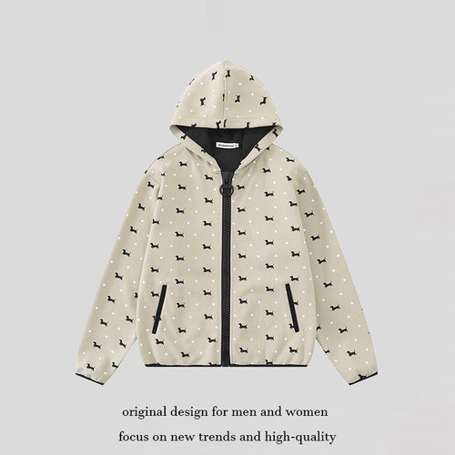 Damen Leichte Kapuzen-Zipjacke mit Hundesilhouette und Tupfen-Allover Shop Nory