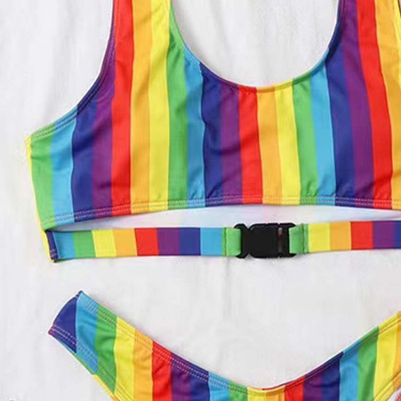 Damen Triangel-Bikini mit verstellbaren Trägern und buntem Streifenmuster Shopnory