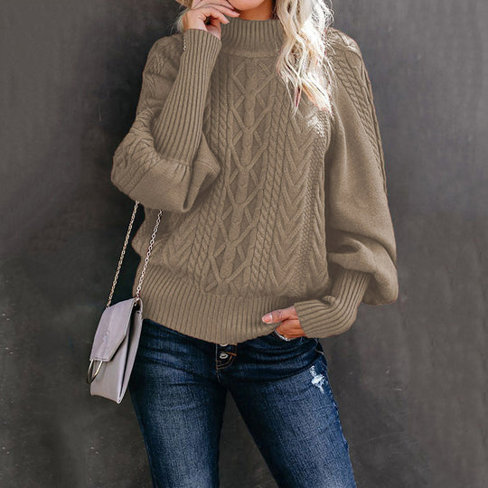 Damen Grobstrick-Pullover mit Zopfmuster, Stehkragen und Ballonärmeln Shop Nory