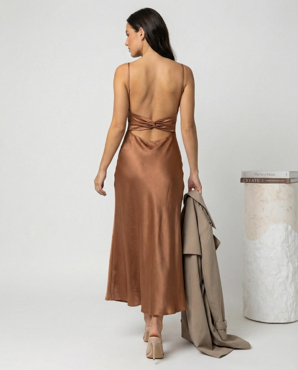 Damen Satin Maxikleid mit Spaghetti-Trägern