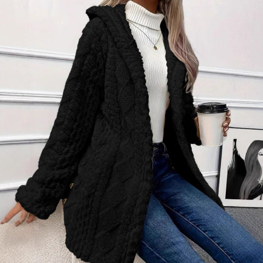 Damen Oversize Strickmantel mit Kapuze, Jacquard‑Struktur und Knopfleiste Shop Nory