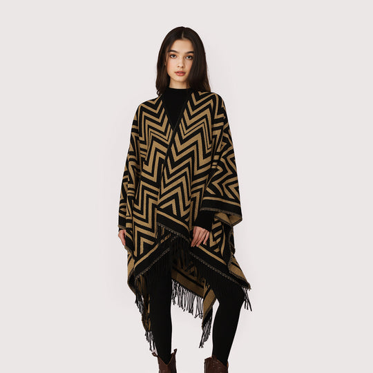 Damen Rechteckiger Zickzack‑Wollmix‑Überwurf mit Fransensaum und offenem Fall Shop Nory
