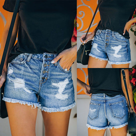 Damen High-Waist Destroyed Denim-Shorts mit Knopfleiste Shopnory