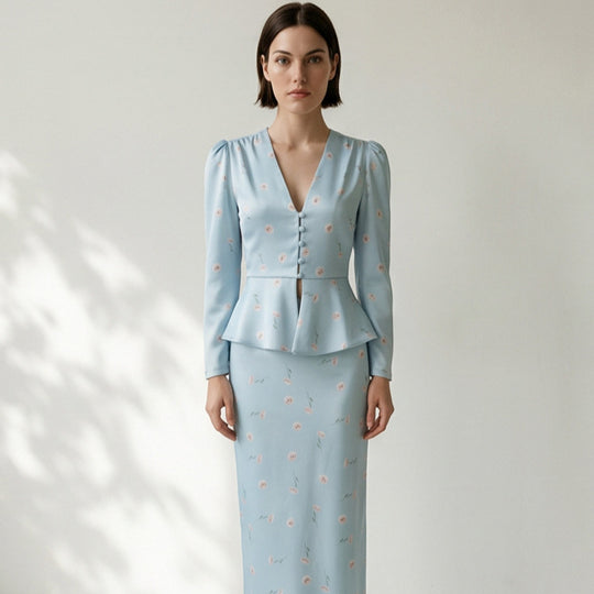 Damen Zweiteiliges tailliertes Blusen- und Maxirock-Set mit V-Ausschnitt und Knopfdetails Shop Nory