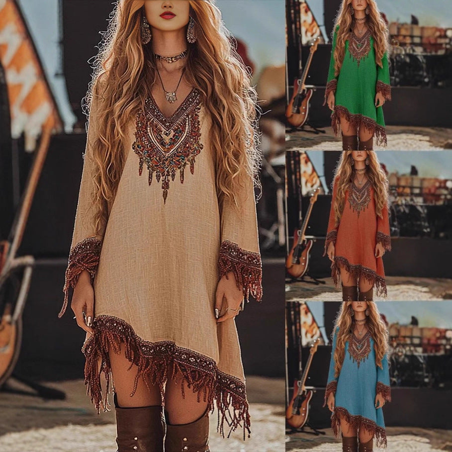 Damen Festival-Kleid mit kunstvollem Stickdesign und Fransen