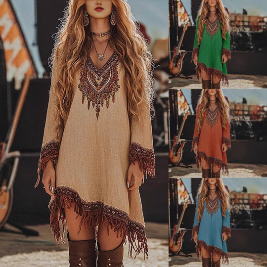Damen Festival-Kleid mit kunstvollem Stickdesign und Fransen