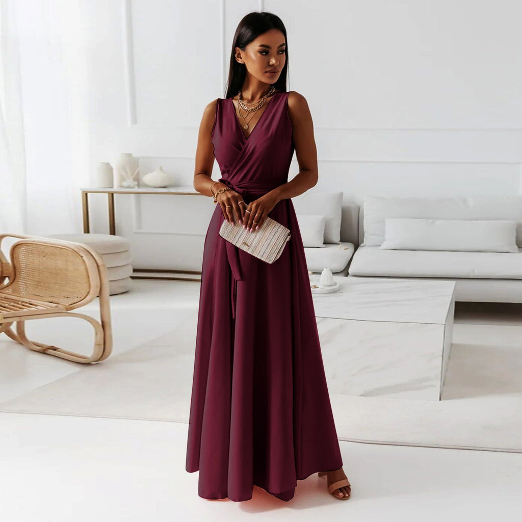 Damen Wickel-Maxikleid mit tiefem V-Ausschnitt und fließendem Schnitt
