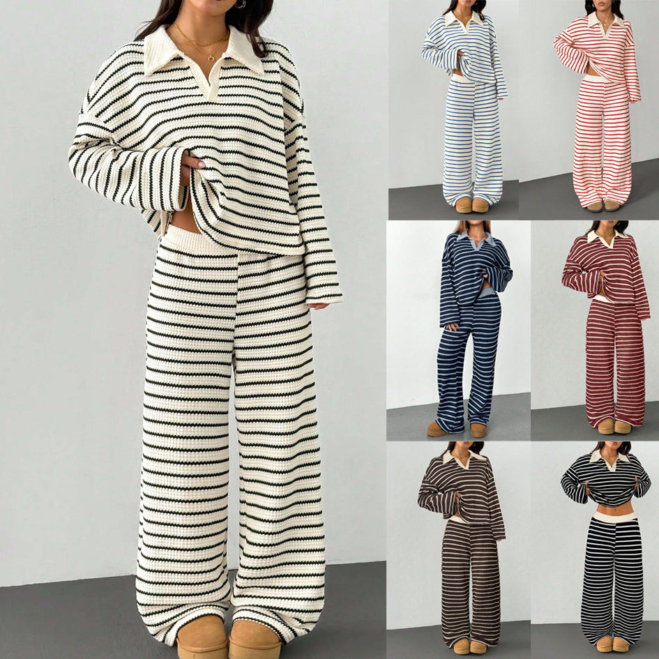 Damen Gestreiftes Strick-Set aus Polokrippenpullover und weiten Palazzo-Strickhose Shop Nory