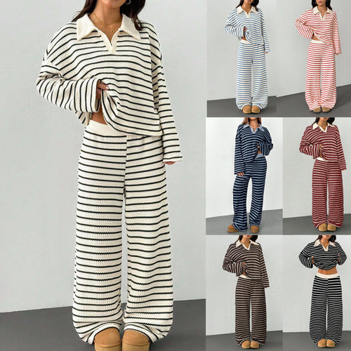 Damen Gestreiftes Strick-Set aus Polokrippenpullover und weiten Palazzo-Strickhose Shop Nory