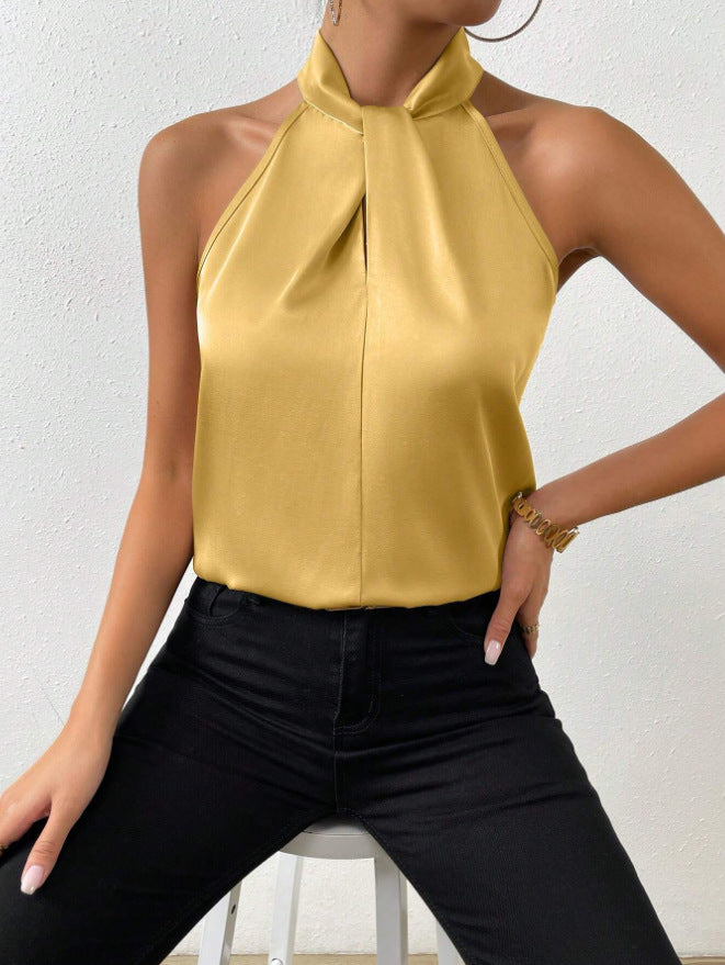 Damen Knoten Hals Stil Top Seide
