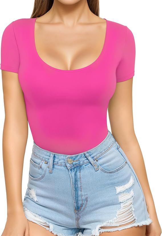 Damen figurbetontes Kurzarm-Body mit rundem Ausschnitt und nahtlosem Design