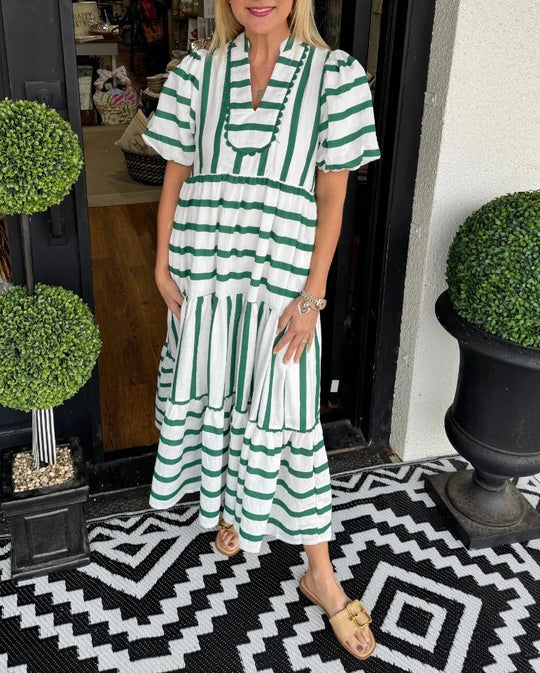 Damen Gestreiftes Maxi-Kleid mit Stufenrock, Rüschenblende und Puffärmeln Shop Nory