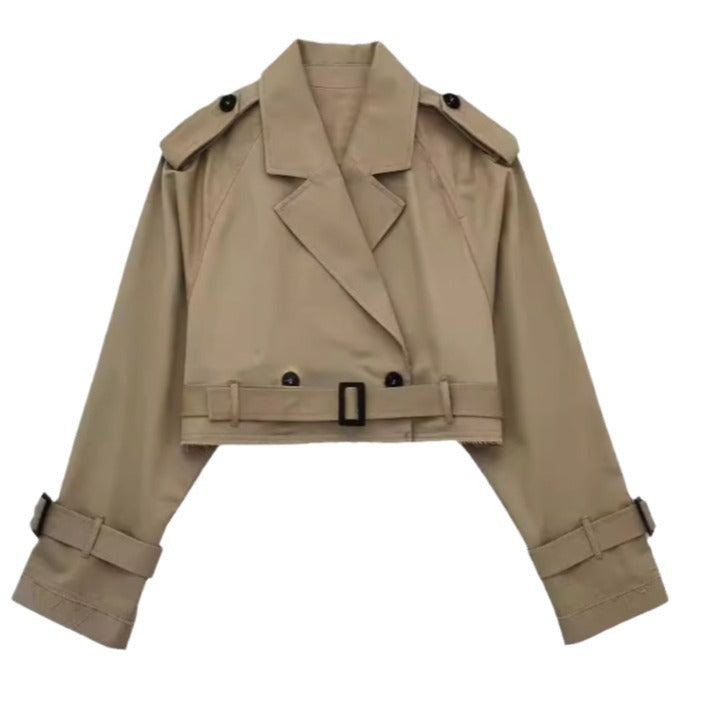 Damen Gekürzte Trenchjacke mit Taillengürtel, Schulterklappen und verstellbaren Ärmelriemen Shop Nory