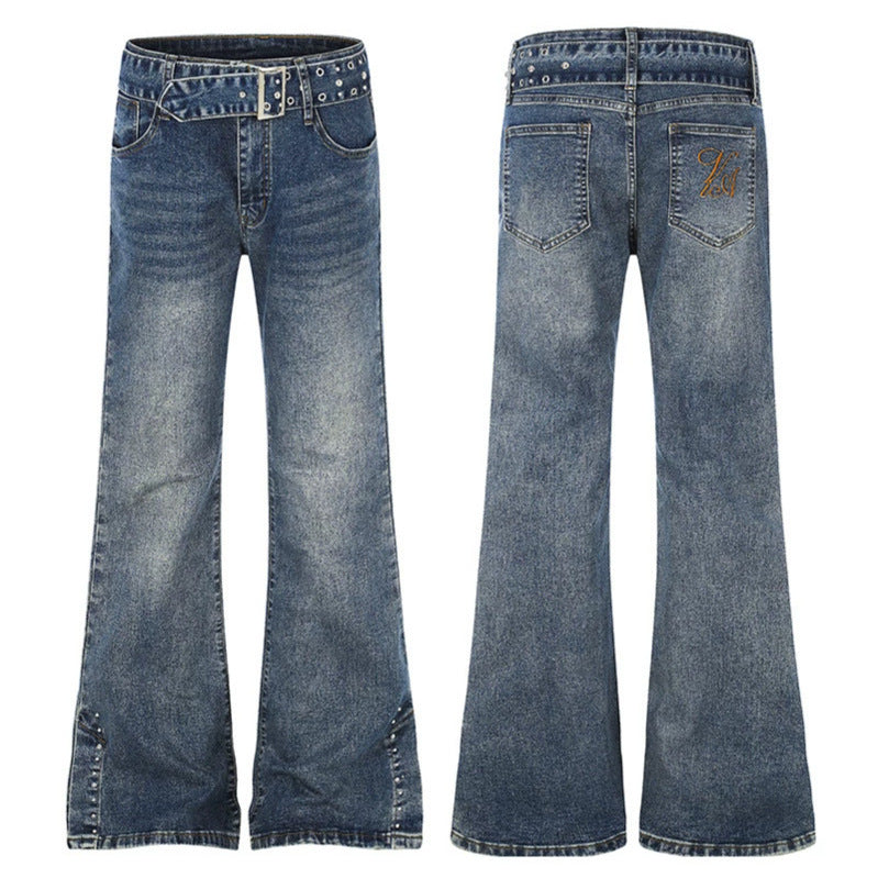 Damen High-Waist Flared-Denimjeans mit Nietenbesatz, weitem Schlag und Ziergürtel Shop Nory