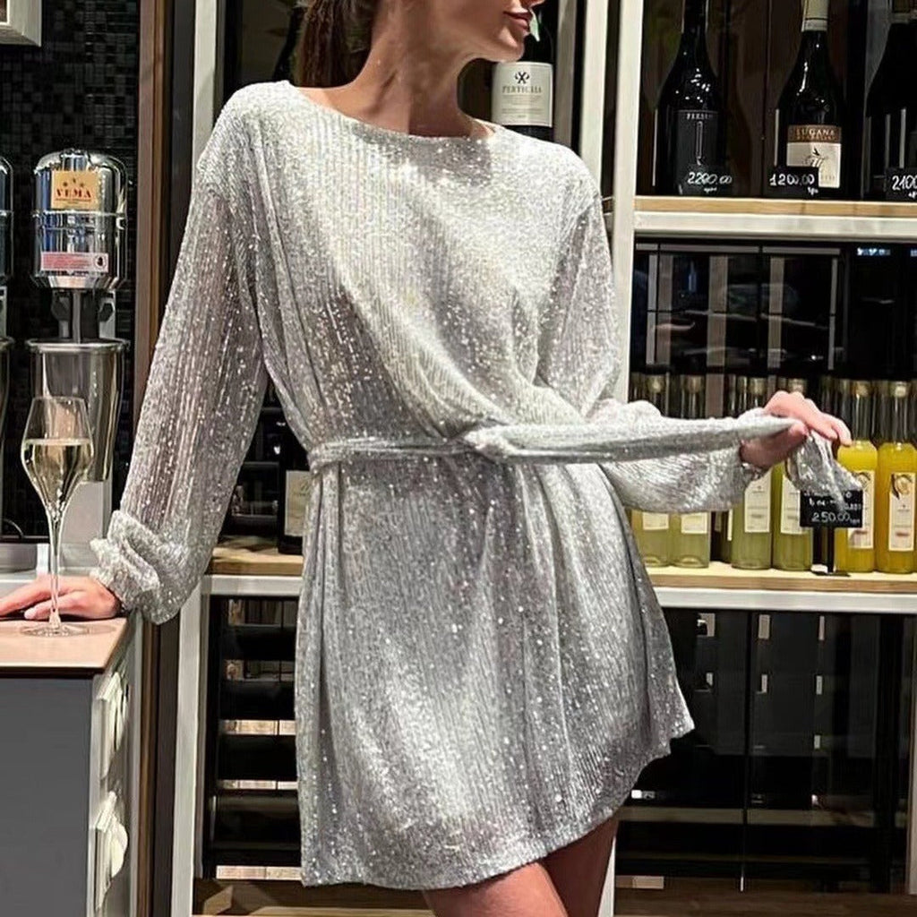Damen Glamouröses Cocktailkleid mit funkelnden Lurex-Fäden und elastischem Taillengürtel