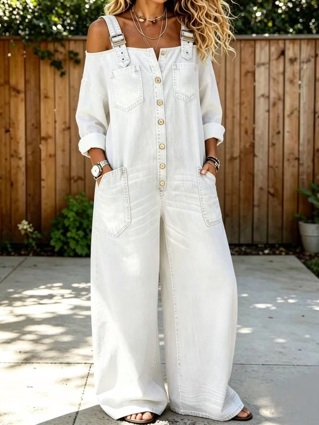 Damen Modischer Denim-Overall mit Off-Shoulder Design