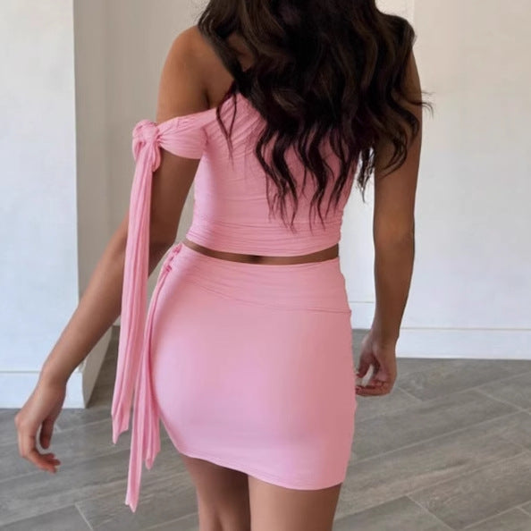 Damen Set mit asymmetrischem Oberteil und kurzem Rock