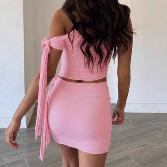 Damen Set mit asymmetrischem Oberteil und kurzem Rock