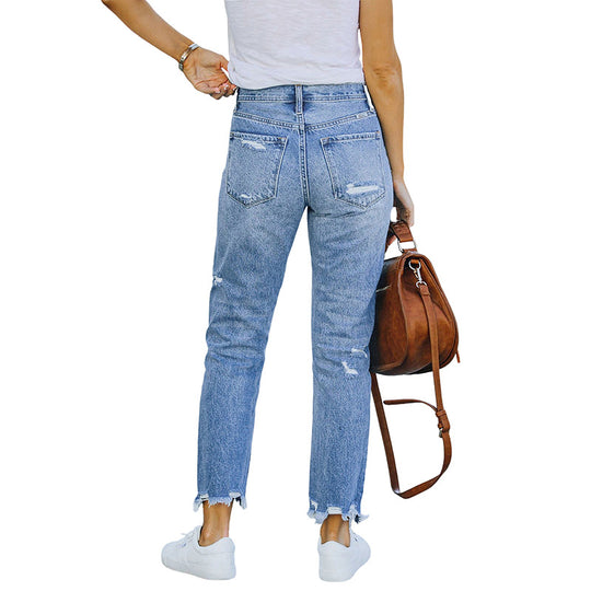 Damen High-Waist Jeans mit geradem Bein, Destroyed-Optik und rohem Saum Shop Nory