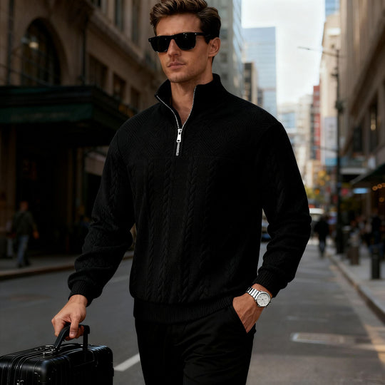 Herren Grobstrick-Halbzip-Pullover mit Zopfmuster und Stehkragen Shop Nory