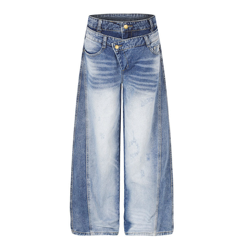 Damen Jeanshose mit weitem Culotte‑Schnitt, asymmetrischem Doppelbund und Kontrast-Seitenbahnen Shop Nory