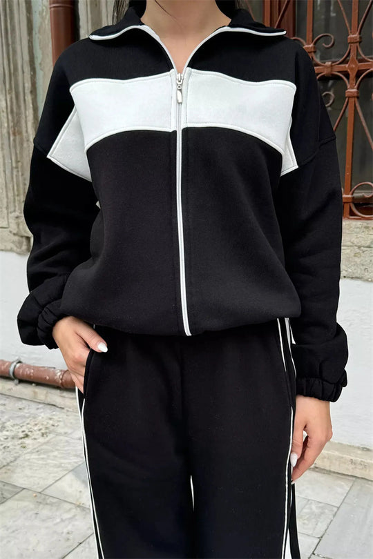 Damen Komfortables Campus-Lounge-Set mit kurzem Reißverschluss-Top und Seitenstreifen-Jogger Shop Nory