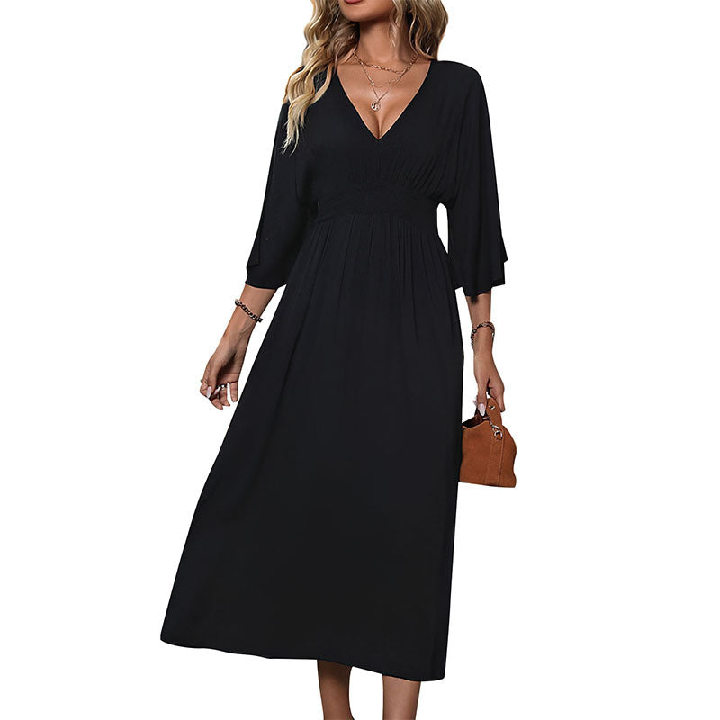 Damen Maxikleid mit V-Ausschnitt, geraffter Smoktaillenpartie und dreiviertelärmeln Shop Nory