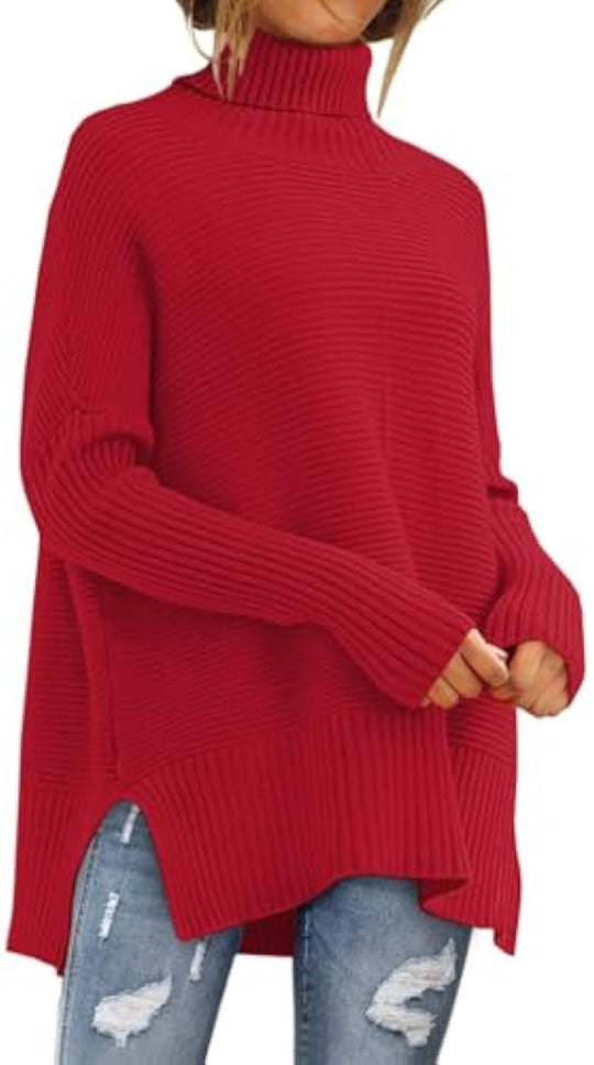 Damen Oversize-Rippenstrick Rollkragenpullover mit Seitenschlitzen und verlängertem Saum Shop Nory