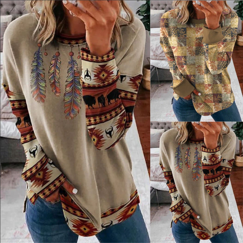 Damen Langarmshirt im Patchwork-Quilt-Design mit weichem Rundhalsausschnitt und kontrastierenden Bündchen Shop Nory