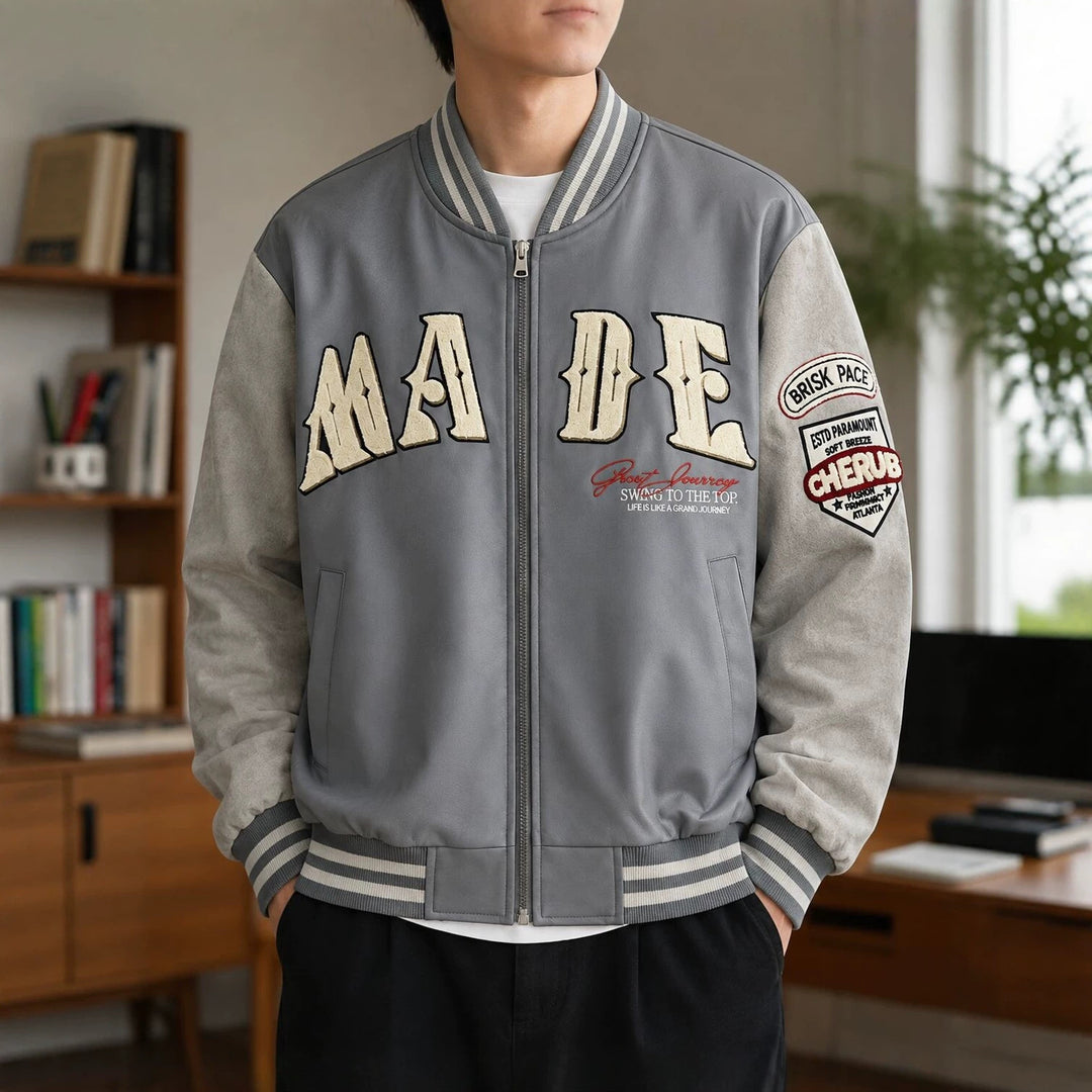 Herren Collegejacke im Letterman‑Style mit Kunstlederkörper und Veloursärmeln Shop Nory