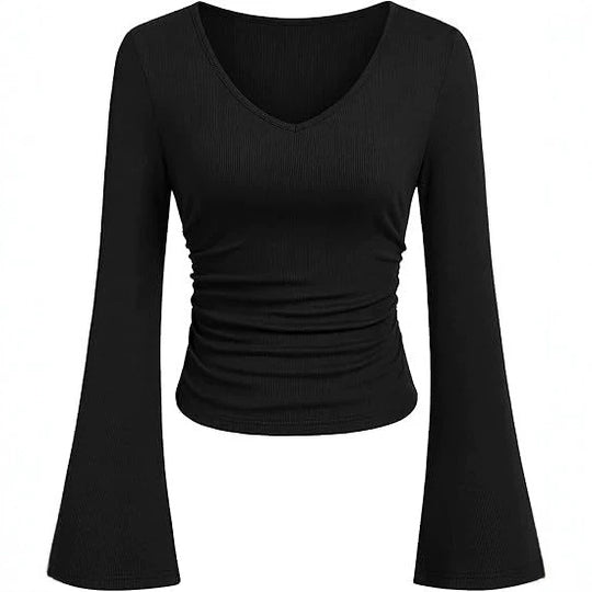 Damen Geripptes Cropped-Top mit V-Ausschnitt, taillierter Raffung und ausgestellten Trompetenärmeln Shop Nory