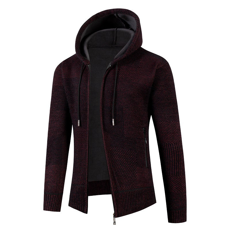 Herren Strukturierter Strick-Zip-Hoodie mit gefütterter Kapuze und grafischem Patchmuster Shop Nory