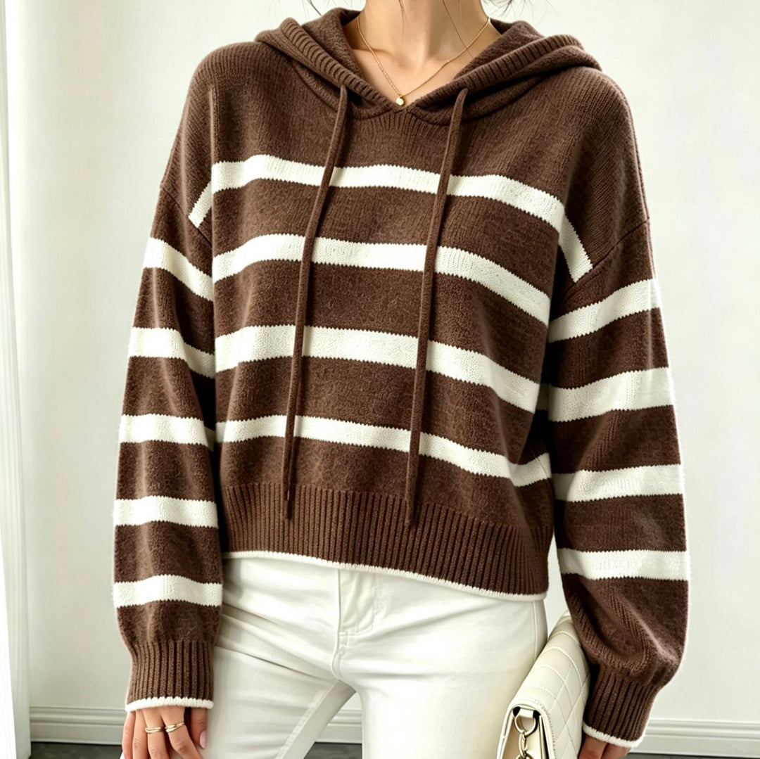 Damen Kapuzen-Strickpullover im Maritim-Look mit geripptem Saum und relaxed Fit Shop Nory