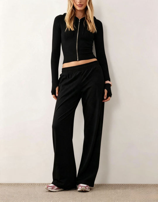 Damen Zweiteiliges Loungewear-Set geripptes Crop-Kapuzenoberteil mit Reißverschluss und Daumenloch sowie weiter Jogginghose Shop Nory
