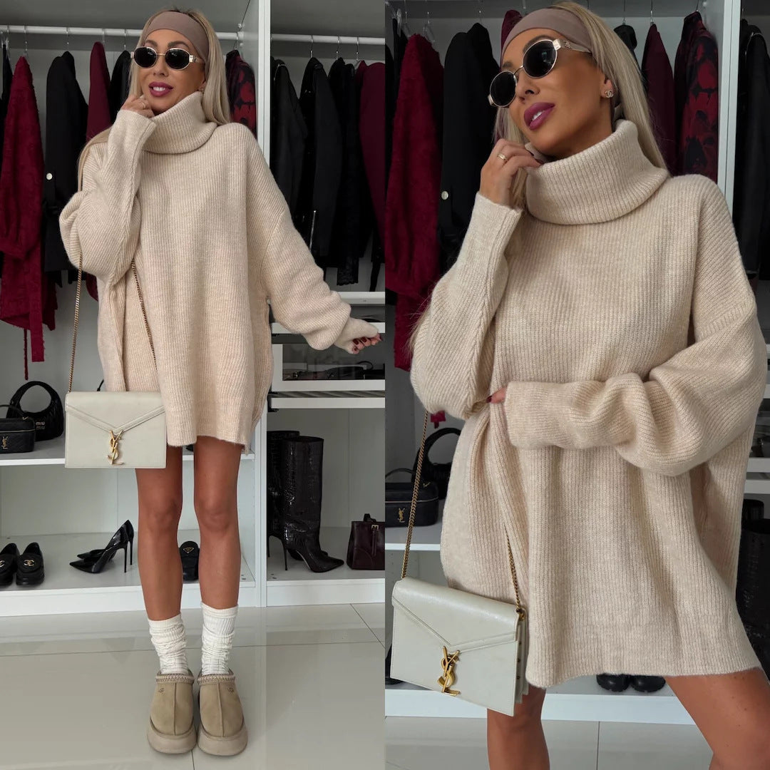 Damen kuscheliges Grobstrick-Minikleid mit extra hohem Rollkragen und oversized Passform Shop Nory