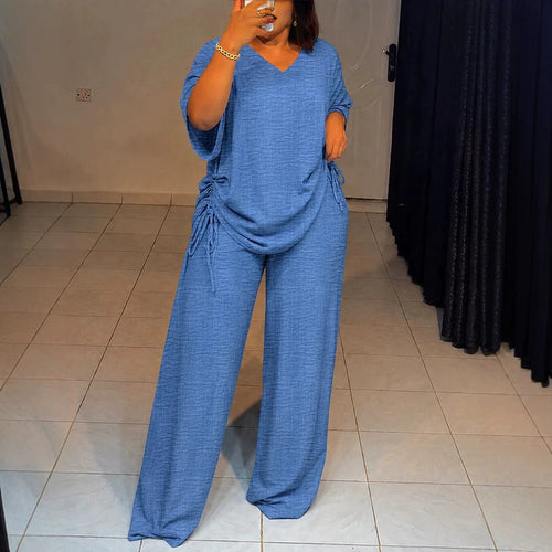 Damen Oversize-Lounge-Set mit V-Ausschnitt, seitlicher Raffung und weiter Palazzohose Shop Nory