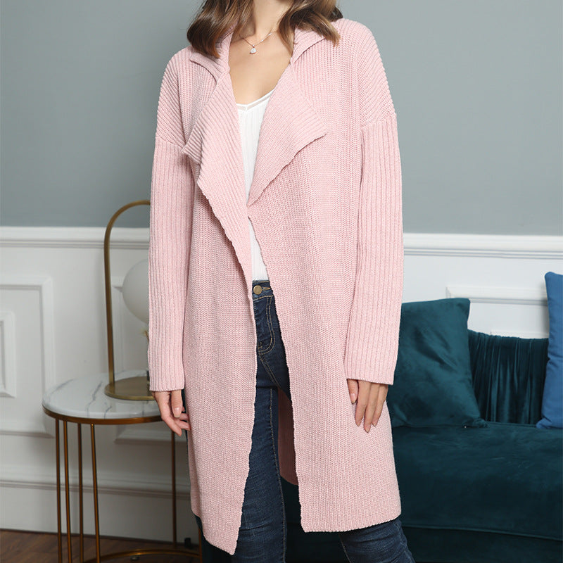 Damen langer offener Rippstrick-Cardigan mit weitem Schalkragen Shop Nory